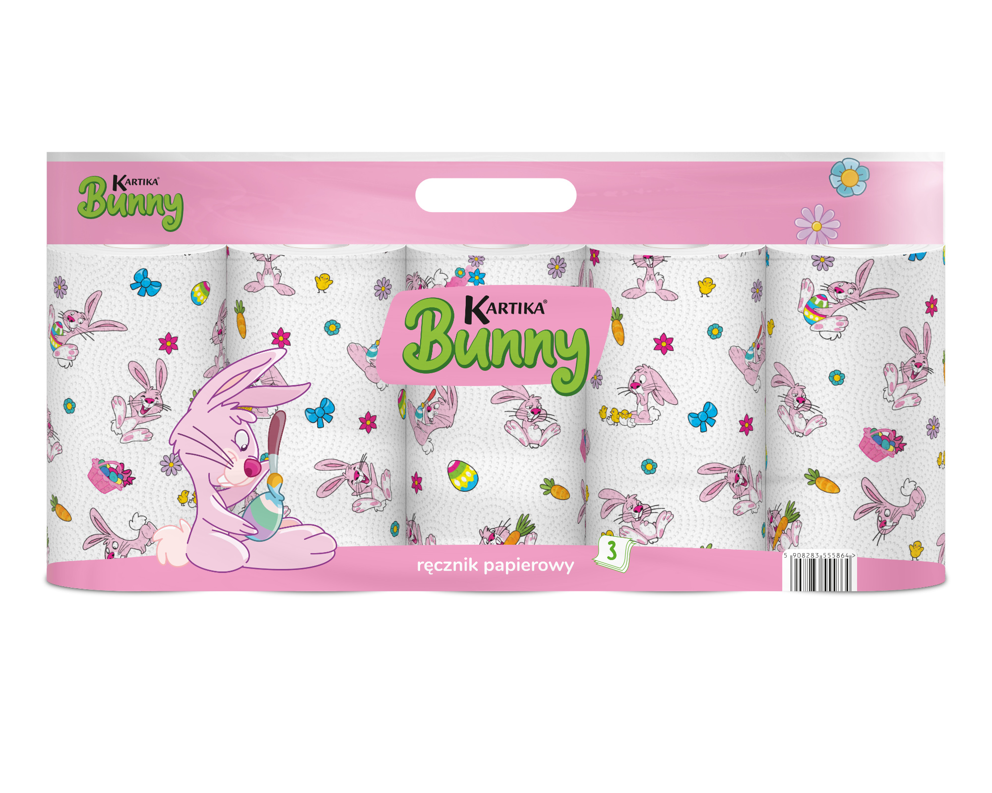 Ręcznik papierowy Kartika Bunny 5 rolek 70 listków 3 warstwy w nowoczesnym woreczku z rączką